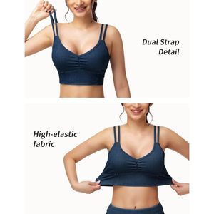 FOXA Crop top en jean pour femme, col en V, rembourré, à bretelles, soutien-gorge de yoga extensible et actif, camisole - Product Image 4