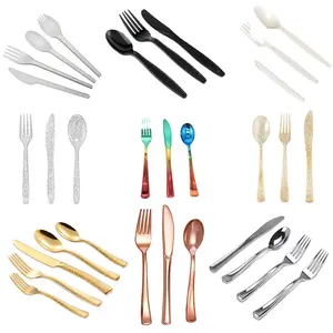 مجموعة أدوات المائدة البلاستيكية الفاخرة من قوالب الطعام المكونة من ملعقة وشوكة وسكين ذهبي للاستخدام الشاق