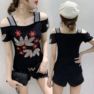 Magliette Casual da <span class=keywords><strong>donna</strong></span> estive in maglia Slim Sexy <span class=keywords><strong>con</strong></span> strass floreale e <span class=keywords><strong>paillettes</strong></span> lucide top da discoteca - Product Image 2