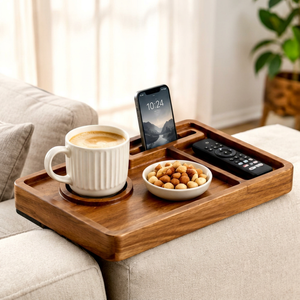 Plateau de service ottoman moderne pliable en bois d'acacia avec poignées réglables, porte-gobelet, fente pour téléphone et compartiment pour télécommande pour canapé - Product Image 1