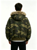 Veste bomber en toile personnalisée de haute qualité avec impression numérique camouflage, coupe ample, fermeture éclair et capuche en fourrure, pour l'automne