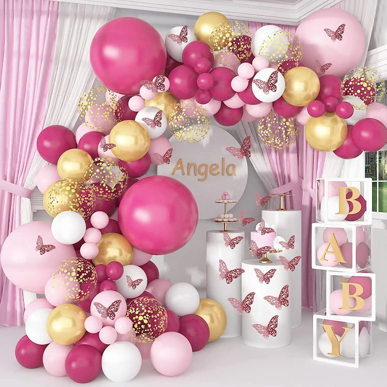 Hot Sale 129 PCS Pink Ballon Girlande Arch Kit Schmetterling Aufkleber Konfetti für Baby party Geburtstag Hochzeit Dekorationen