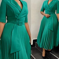 Robe élégante mi-mollet pour femme d'affaires, col en V, manches courtes, taille empire, ceinture, nouvelle collection.
