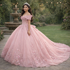 1515 Elegante Vestido de Fiesta Rosa con Hombros Descubiertos, con Encaje, Pedrería y Bordado Floral, Cola Capilla, Largo hasta el Suelo - Product Image 1