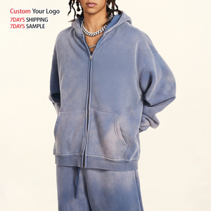 Sweat à capuche unisexe personnalisé, imprimé et brodé, effet vieilli, avec fermeture éclair, style streetwear oversize, haute qualité, 100% coton, écologique - Product Image 1