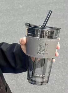 Bicchiere in Vetro con Logo Personalizzato, Design Moderno, con Coperchio <span class=keywords><strong>e</strong></span> Cannuccia, Riutilizzabile per Ufficio, Alta Qualità, per Tè, Succo, Caffè - Product Image 3