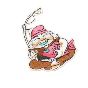 Accessoires de vêtements de bâton de tissu brodé de dessin animé avec dos de colle patch de pêche de vieil homme potelé mignon