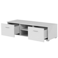 Meuble TV en bois blanc laqué brillant avec 2 armoires de rangement et étagères ouvertes pour salon