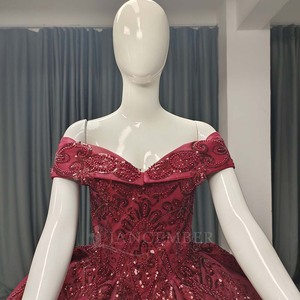 ANY213 Traditional <b>Red</b> Off Shoulder <b>Sequined</b> Crystal Ball Gown Evening Party Dress - Product Image 6