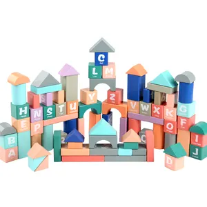 新设计木制儿童玩具马卡龙彩色82PCS积木套装批发蒙特梭利堆叠玩具儿童学习ABC单词
