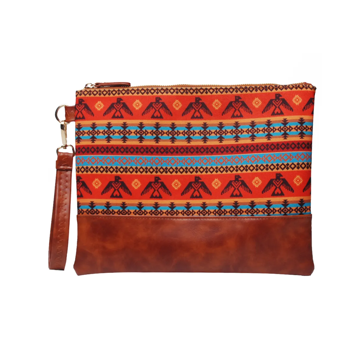 Ready To Ship Women Eagles Tribal Canvas PU Leather Wallet Traditional Orange Aztec Clutch Maya Civilization Aztec Wristlet