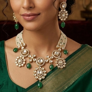 Conjunto de Collar con Cuentas Kundan de Plata 925 y Piedra Verde, Joyería Nupcial con Pendientes para Bodas y Fiestas - Product Image 1