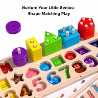 Jeu d'apprentissage précoce en bois 6-en-1 : Anneaux empilables cinq couleurs, correspondance des chiffres, tri des formes, labyrinthe de perles et tableau intelligent pour enfants