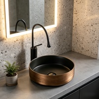 Lavabo rond en céramique noir et or électroplaqué de luxe, lavabo sur comptoir haut de gamme, lavabo moderne pour salle de bain