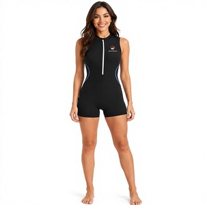 Women Sport One Piece <b>Swimming</b> Suit Short Legs Front Zip High Neck Contrast Trim For Pool Practice Fitness And Team Training - Product Image 1