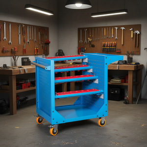 Carrito Portaconos Fervi de 4 Niveles con Bandejas Rojas, Carro Metálico para Almacenamiento de Herramientas con Ruedas para Uso en Taller - Product Image 3