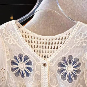 Women's <strong>White</strong> Bohemian Crochet <strong>Shrugs</strong> Short Sleeve Knitted <strong>Cardigan</strong> with Hollow Out Button for Summer Vacation Swimsuit Cover-Up - Product Image 3