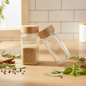 Bouteilles à épices en verre avec couvercles en bambou et couvercles doseurs, bocaux carrés hermétiques pour assaisonnements - Product Image 4
