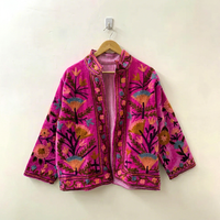Veste d'hiver unisexe en velours rose de qualité supérieure, brodée à la main, réversible, ouverte sur le devant, manches longues