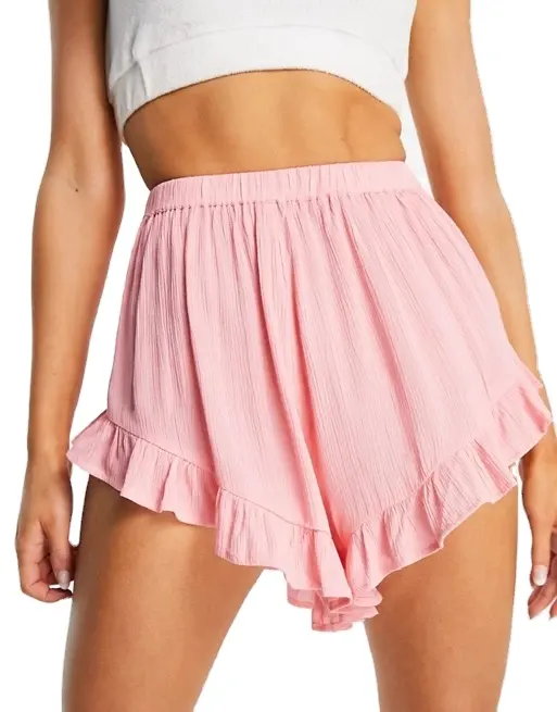 King Young Casual Sommerkleid ung Damen Plain Pink Hochhaus Elastische Taille Rüschen be sätze Locker geschnittene Beach Shorts Hosen Damen