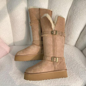 Bottes de neige hautes pour femmes, hiver, luxe haut de gamme, revers rabattables, cuir véritable, boucle, style motard, doublure en fourrure, coton épais - Product Image 1