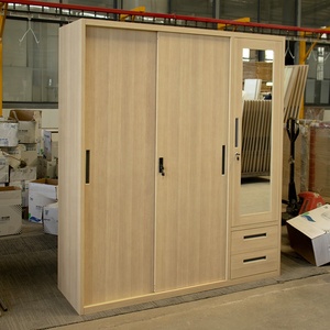 Armoire métallique à grain de bois avec 3 portes coulissantes, penderie en acier avec miroir et tiroir inférieur, rangement imprimé anti-termites - Product Image 2