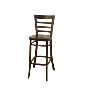 Tabouret de bar en bois à lattes brun foncé avec pieds courbés pour hôtel, bar lounge, comptoir de bar de restaurant occidental - Product Image 1
