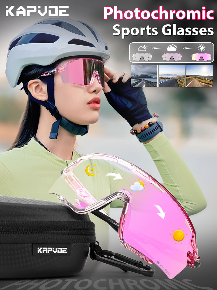 KAPVOE Sport Sunglasses Top Quality Uv 400 Sport Photochromic Lens Sunglasses Photochromic pink Frame