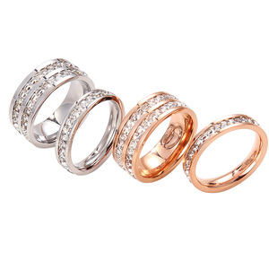 Anel de titânio de aço cheio de diamante, para casal, para casal, unissex, fileira dupla, de diamante, anel de noivado - Product Image 5
