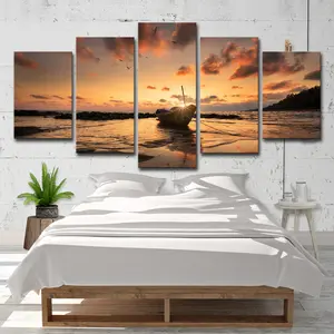 Modern Sunset Beach Sea View Scenery Boat Canvas Poster Painting Giclee Picture Print For Living Room Wall Decoration