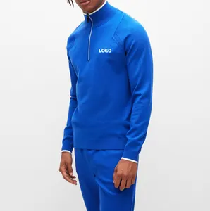 2024 Spring Royal Blue Polo Neck Sportswear Custom LOGO Wool Men's Knitted Quarter Zipper Sport Sweater