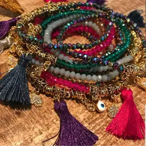 Hot sale 4mm crystal glass beads customized symbol hamsa eye charm tassel bracelet women