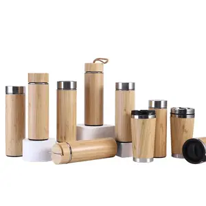 Tasse de voyage en bambou réutilisable en acier inoxydable avec poignée, couvercle anti-éclaboussures, tasse à café durable, gobelet en bambou pour thé en vrac
