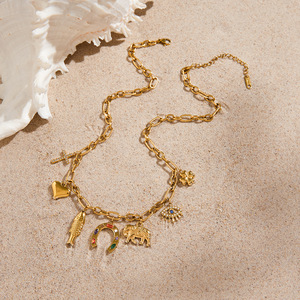 Collier porte-bonheur doré avec pendentifs fer à cheval, œil porte-bonheur, croix, cœur, poisson, éléphant pour femme, cadeau bijoux - Product Image 4