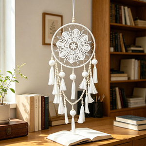 Atrapasueños Redondo de Poliéster Blanco con Borlas, Estilo Campestre, Tejido a Mano, Decoración para Colgar en la Pared - Product Image 1