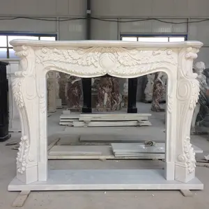 Flower carving white marble stone fireplace mantel modern design