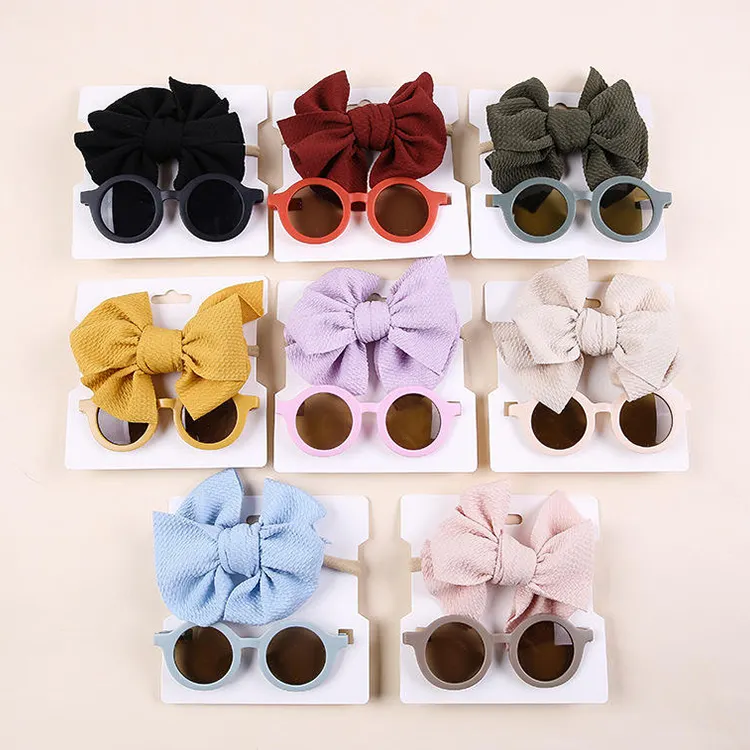 baby Kids Girls Sunglass Knitted Headbands Sets Newborn Knotted Turban Headwraps Suits Cute Girls Turban Hairband Set