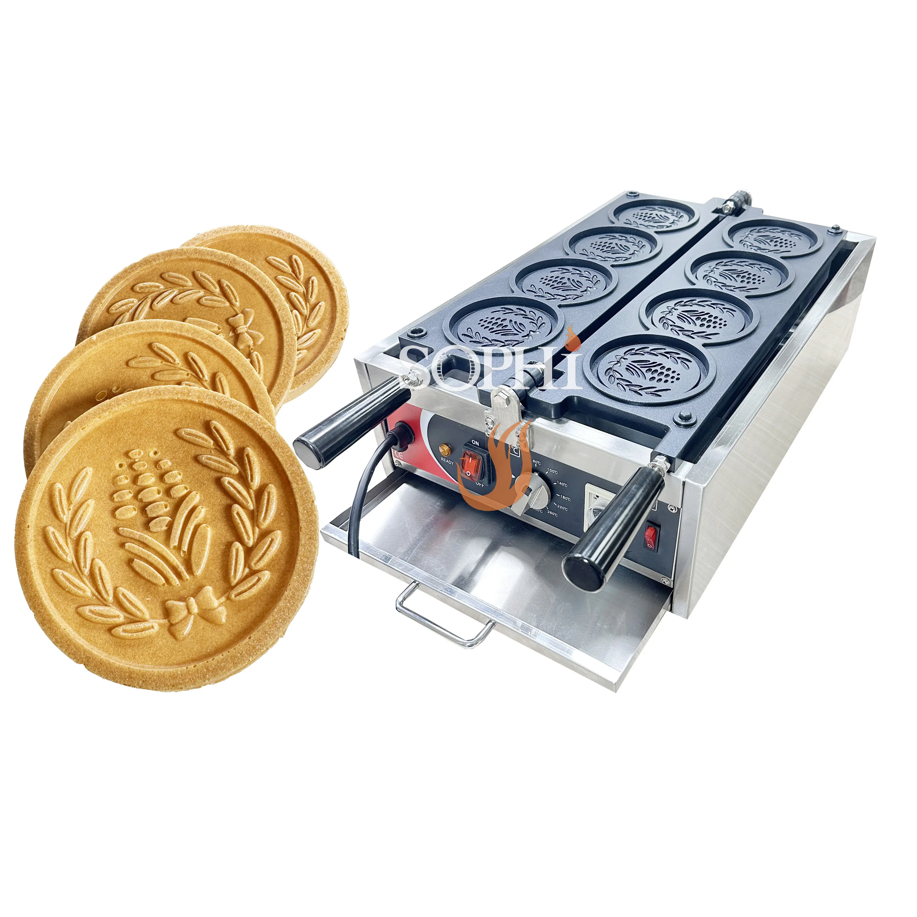 ماكينة خبز كعك وتعمل بالقطع المعدنية مقاس 110 ملليمترًا ماكينة صنع الوافل تجارية على شكل ذرة ماكينة صنع البان كيك الصغيرة مخبز الوافل