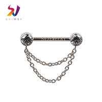 Barbell de piercing pour téton sans filetage en Titane ASTM F136 14G 12mm avec doubles chaînes et zircone cubique sertie de 5mm, Bijou corporel poli