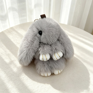 Cute White Plush Bunny <b>Keychain</b> Soft Furry Toy With Gold Trim Paws And Black Eyes For Decoration Or Gift - Product Image 2