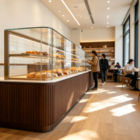 Hochwertige Multifunktionale Bäckerei-Brotvitrine LED Luxuriöse Gebogene Holz-Aluminium-Vitrine Kommerzielle Einzelhandels-Ausstellungsvitrine