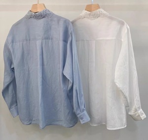 Camicie in Lino di Alta Qualità Stile Primavera Estate 2026 da Donna con Colletto in <span class=keywords><strong>Pizzo</strong></span>, Tasca sul Petto, Patchwork, Vestibilità Ampia, Bianche e <span class=keywords><strong>Blu</strong></span> - Product Image 4