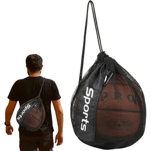 Custom Size Large Black Round Single Ball Bag Mesh Net Sack Drawstring Carry Polyester Net Mesh Bag For Soccer Ball Basketball