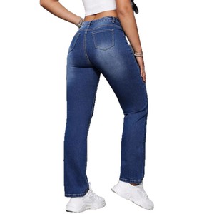 Women's Dark Blue High <b>Elasticity</b> Straight Leg <b>Jeans</b> Medium Stretch Japanese Korean Leisure Style Europe America Africa Sales - Product Image 4