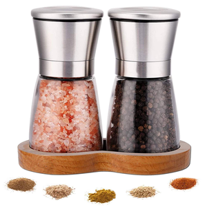 Hot Sale Wholesale Factory Direct <b>Plastic</b> ABS Wood/Bamboo Salt and Pepper Spice Mills Set With Bamboo Base - Product Image 1