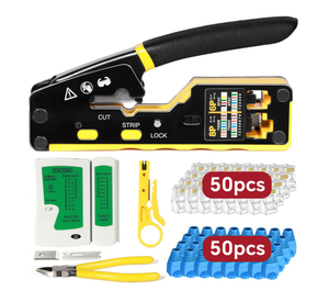 Kit d'outils réseau 7-en-1 avec pince à sertir droite 8P6P, testeur de câble, coupe-câbles, pince à dénuder, connecteur CAT6 et <span class=keywords><strong>gaine</strong></span> - Product Image 1