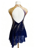 Robe de patinage artistique bleu marine et or, dos large ouvert, ornée de strass, pour la compétition et la performance