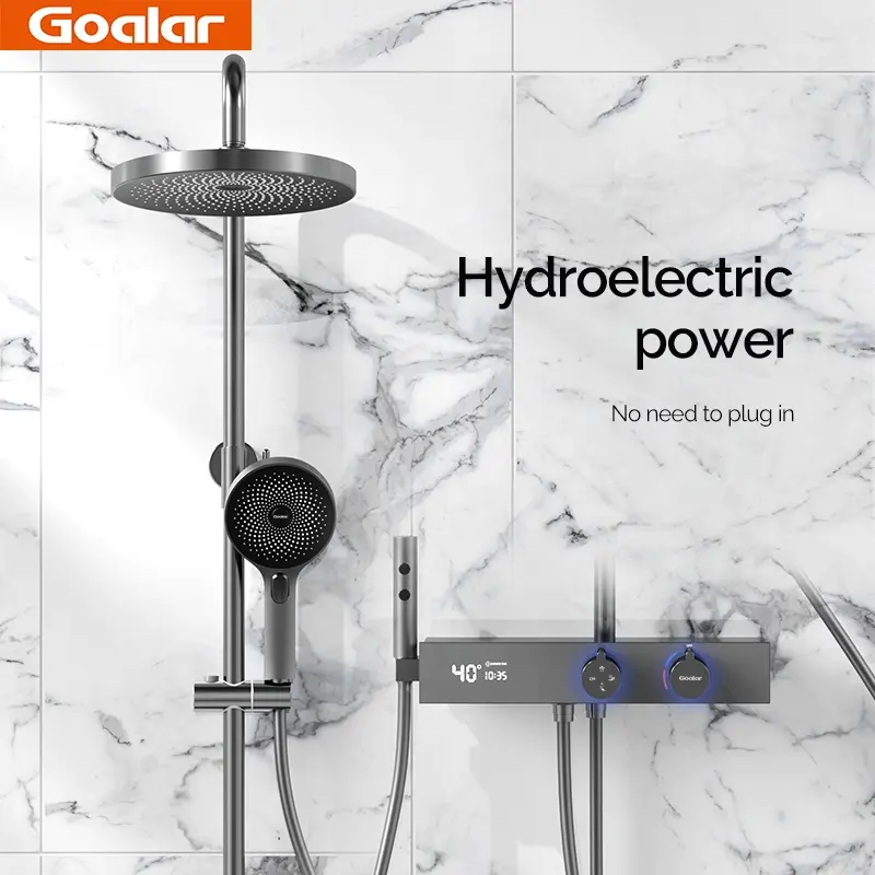 GOALAR Mart Bathroom White and Black Thermostatic Control Complete Brass Shower Head Faucet Mixer Tap System