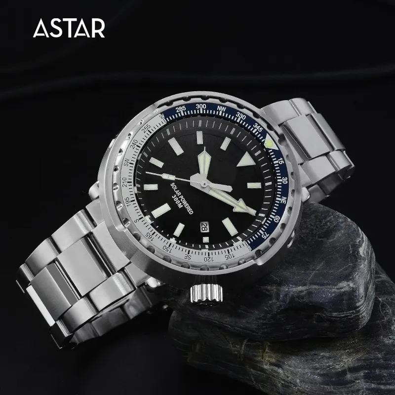 1pcs custom logo high quality 300m dive diver stainless steel c3 Luminous VS37 solar powered quartz watch man for kickstarter