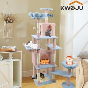 Blauw Hout Hoge Kat Boom Toren Milieuvriendelijke Afneembare Bloemkussens 2 Verbergende Appartementen Interactieve Krabpalen Indoor Katten - Product Image 2